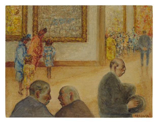 Gemälde mit dem Titel "Die Ausstellung im Museum der Schönen Künste" von Édouard Manet, das formell gekleidete Menschen bei einer Unterhaltung in einer Museumsgalerie zeigt.