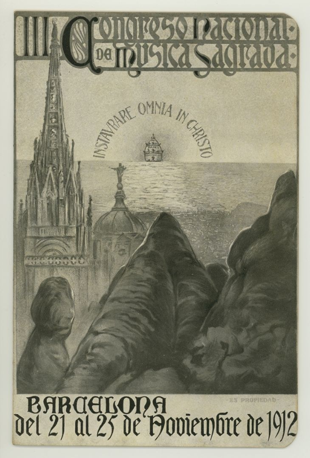 Plakat für ein Konzert im Jahr 1912 in Barcelona, Spanien, das ein Gebäude, eine Statue und einen Wasserlauf mit Text zeigt.