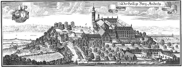 Eine Gravur einer Stadt mit einem zentralen Uhrenturm, umgeben von Gebäuden, Bäumen, Hügeln und einem bewölkten Himmel, mit der Aufschrift "Der Heilige Sorg Aundechs, Deutschland" oben.