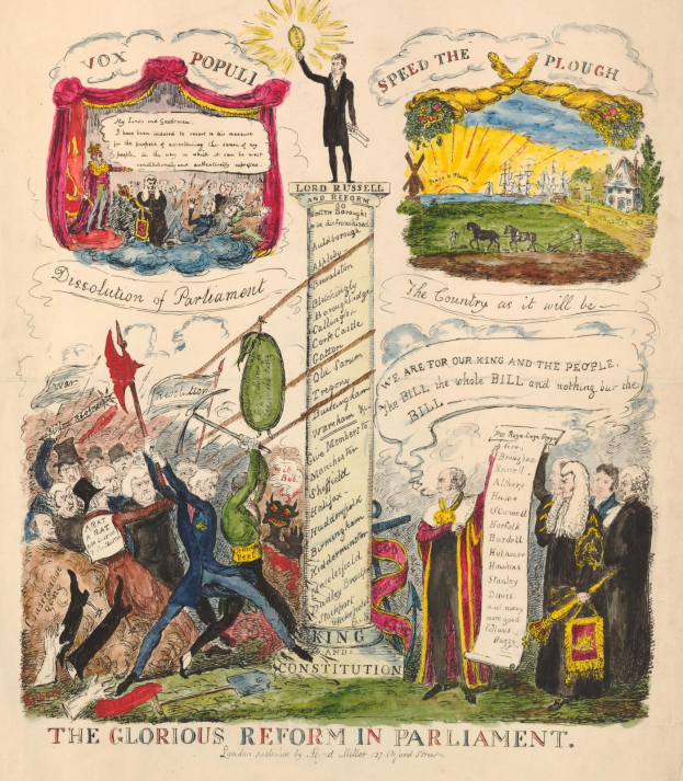 Eine bunte Papierreproduktion mit dem Titel "Die glorreiche Reform im Parlament" zeigt eine markante Schrift und eine Vielfalt von Menschen verschiedenen Alters und Ethnien, die Hoffnung und Fortschritt symbolisieren.