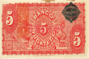 Eine rote und schwarze Fünf-Banknote der American Bank of New York mit einem Porträt eines Mannes und einem Nennwert von 5 Yucatec.