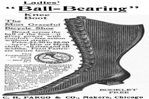 Werbung für ein Paar Damen-Knie-Stiefel mit Kugellager und umgebendem Text