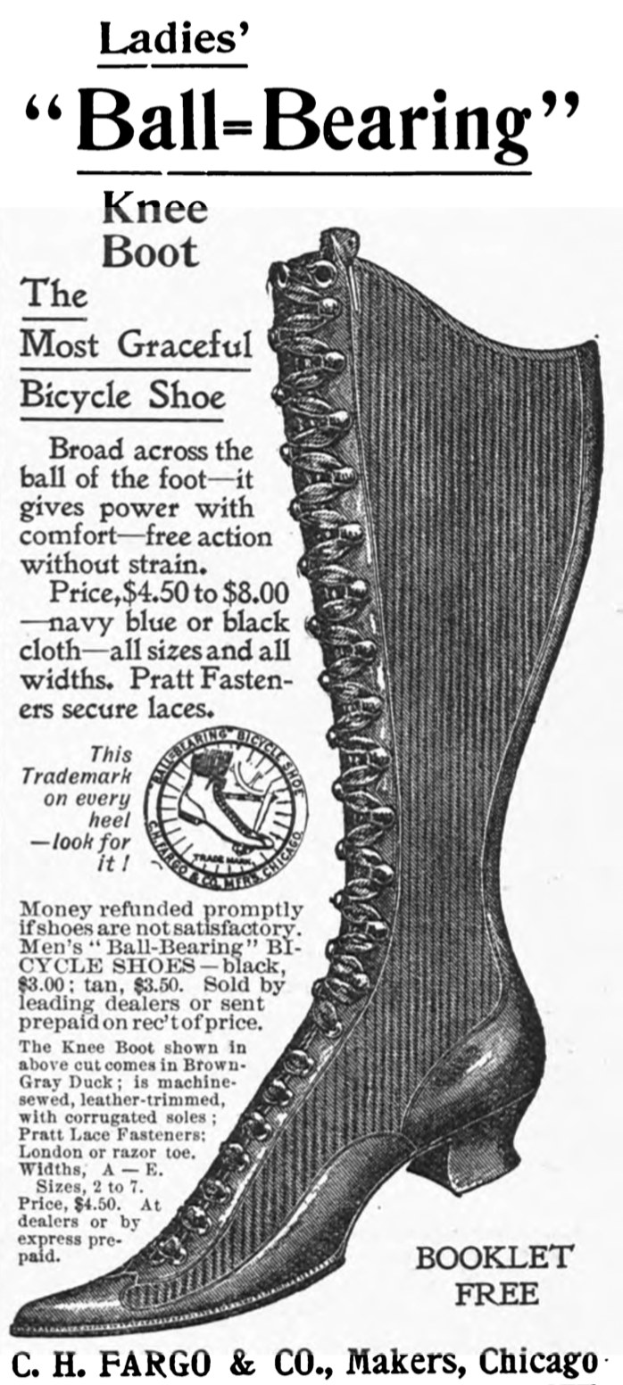 Werbung für ein Paar Damen-Knie-Stiefel mit Kugellager und umgebendem Text