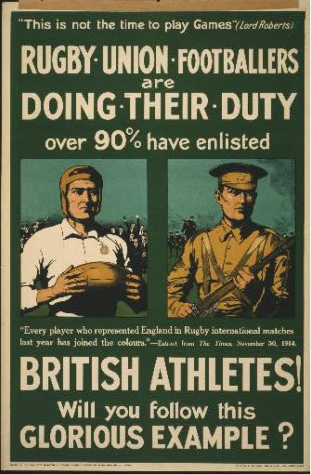 Ein Vintage-Plakat mit zwei Rugby-Union-Fussballern, mit Text, der ihre Einberufung ankündigt und über 90% der britischen Athleten, die eingezogen sind.