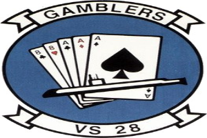 Blaues und weißes Logo mit dem Text "Gamblers vs 28", Spielkarten und einem Stock, der wahrscheinlich die gegnerischen Seiten eines Glücksspiels darstellt.