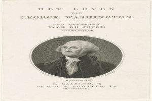 Porträt von George Washington auf Papier mit Text, der nach vorne schaut, mit ernstem Gesichtsausdruck, trägt Anzug und Krawatte, zurückgekämmtes Haar sichtbar.