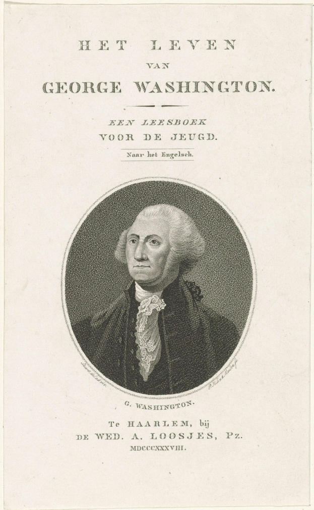 Porträt von George Washington auf Papier mit Text, der nach vorne schaut, mit ernstem Gesichtsausdruck, trägt Anzug und Krawatte, zurückgekämmtes Haar sichtbar.