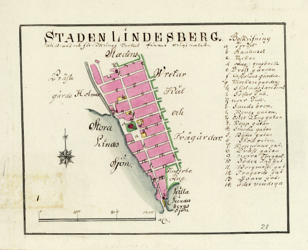 Eine detaillierte Karte von Staden Lindesberg, Deutschland, mit Straßen, Gebäuden und Sehenswürdigkeiten, überlagert mit handgeschriebener Text.
