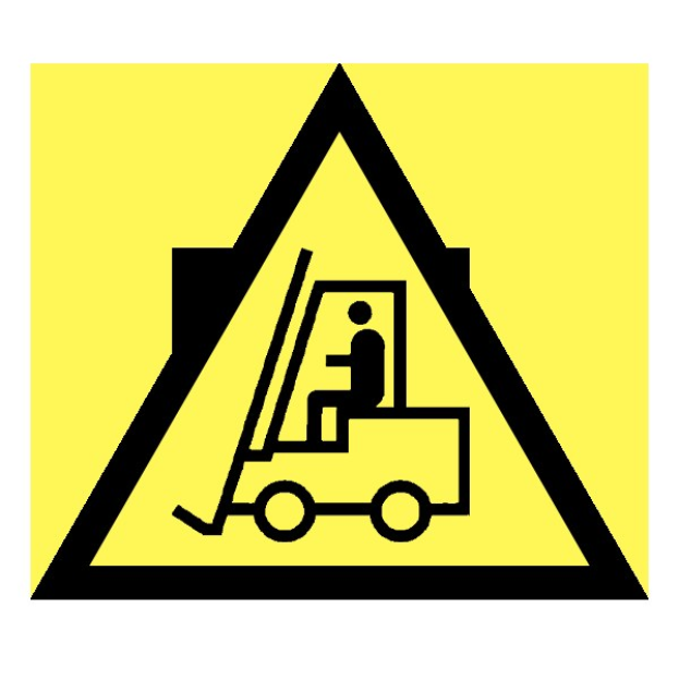 Warnschild mit einem gelben und schwarzen Hintergrund, das einen Gabelstapler zeigt und die Nutzung von Gabelstaplern in dem Bereich verbietet, vor einem weißen Hintergrund.