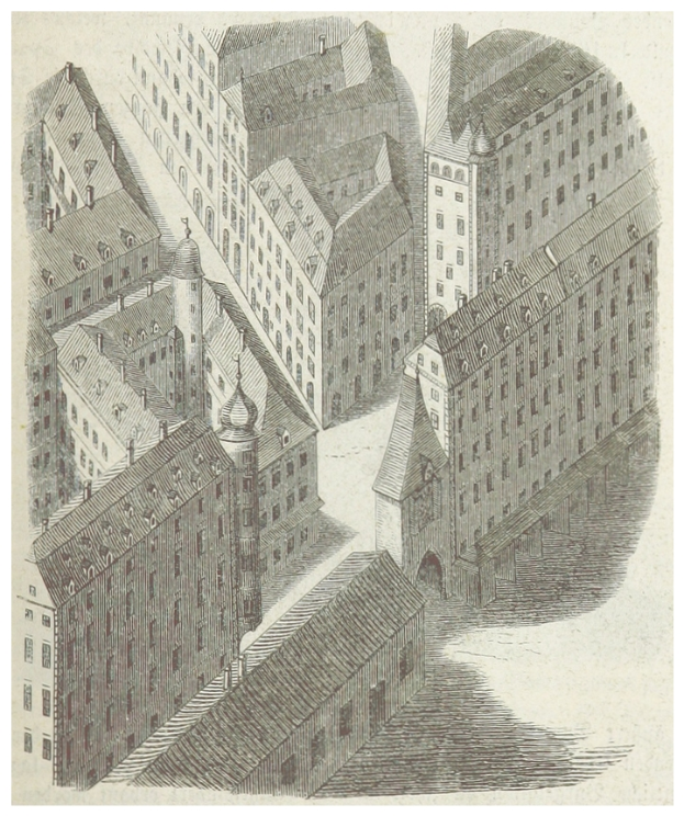 Ein altes Stadtbild mit vielen Gebäuden, jedes mit einzigartiger Architektur, und Text unten.