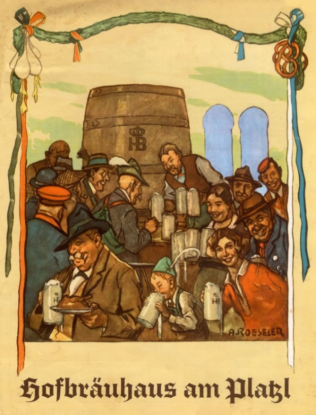 Plakat für ein Bierfest in Deutschland mit Menschen, die Biergläser halten und einem Fass im Hintergrund, mit deutschem Text unten.
