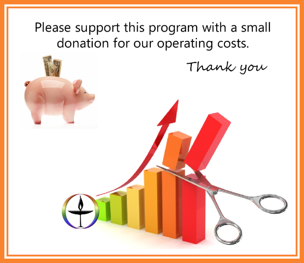 Ein Plakat mit silbernen Scheren, rechteckigen Blöcken in Grün, Gelb, Orange und Rot, einer rosafarbenen Schweinchenbank und mehreren Banknoten.