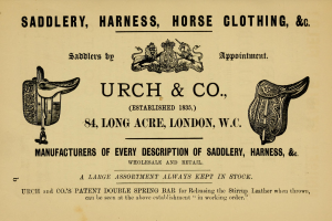 Werbung für urch & co Sattlerei, die Schuhe, Sättel, Zaumzeug und Zügel zeigt.