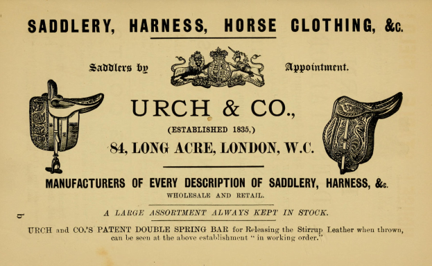 Werbung für urch & co Sattlerei, die Schuhe, Sättel, Zaumzeug und Zügel zeigt.