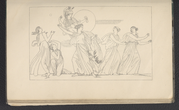 Ein Buchumschlag mit einer leuchtenden Illustration einer Gruppe tanzender Frauen in energischen, synchronisierten Posen, mit detaillierten Kleidungsstücken und Gesichtern.