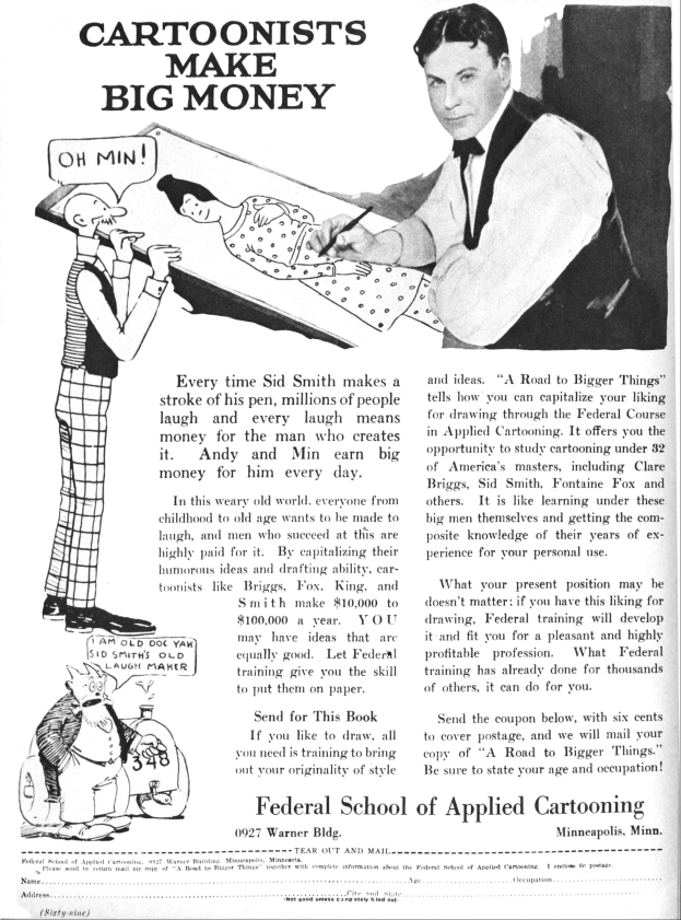 Werbung für die Bundesakademie für Angewandte Karikatur, die einen Mann im Smoking zeigt, flankiert von einer Frau in einem Kleid und einem anderen Mann, mit dem Text "Karikaturisten verdienen viel Geld."