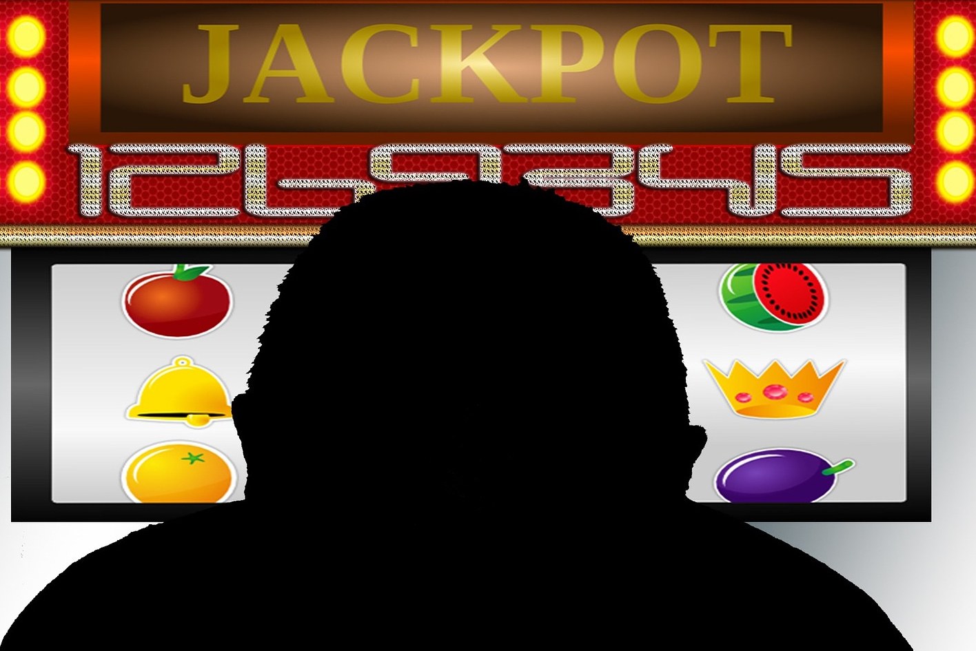 Ein Mann spielt ein Online-Slot-Spiel mit der Anzeige "Jackpot", umgeben von einer Tafel mit Text und Fruchtbildern.