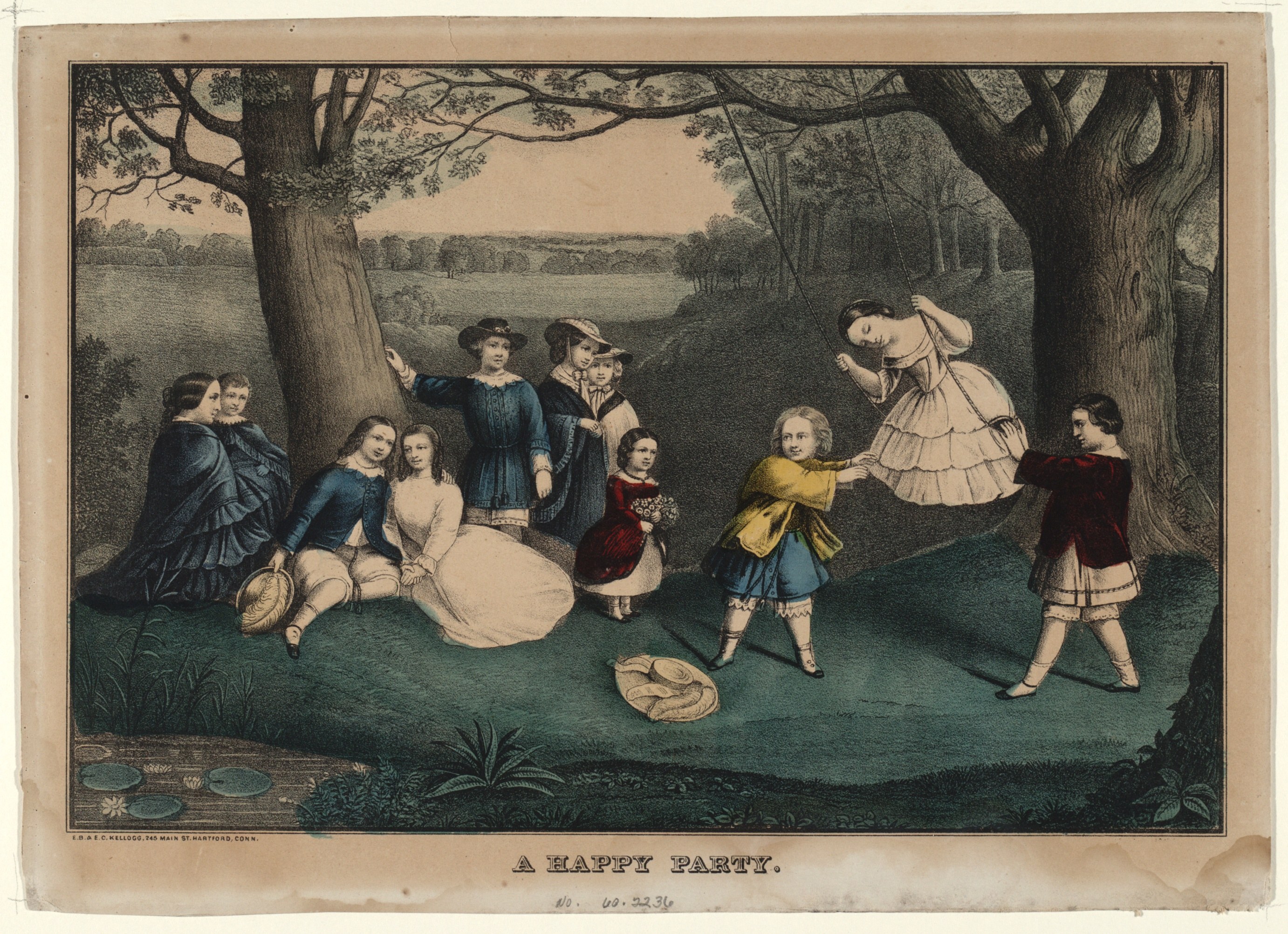 Kinder spielen in einem Park mit Bäumen und Gras, einige sitzen und andere stehen, mit Text "Eine fröhliche Party" unten.