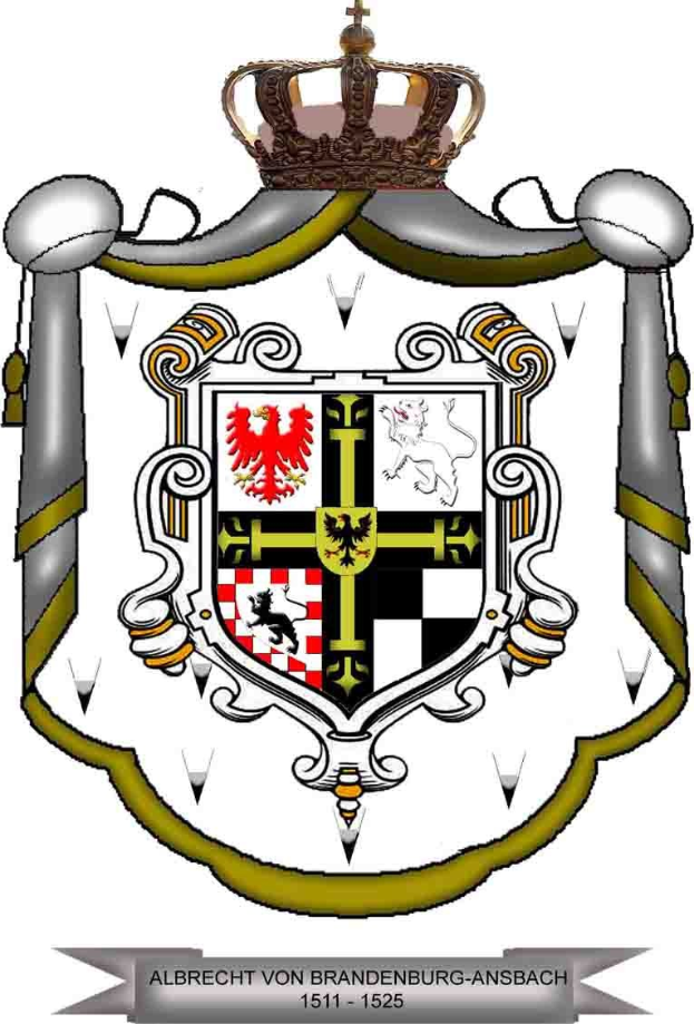 Wappen von Brandenburg-Ansbach mit einem gekrönten Schild mit einem springenden Löwen links, einem Chevron rechts und dem Wort «Brandenburg» darunter.