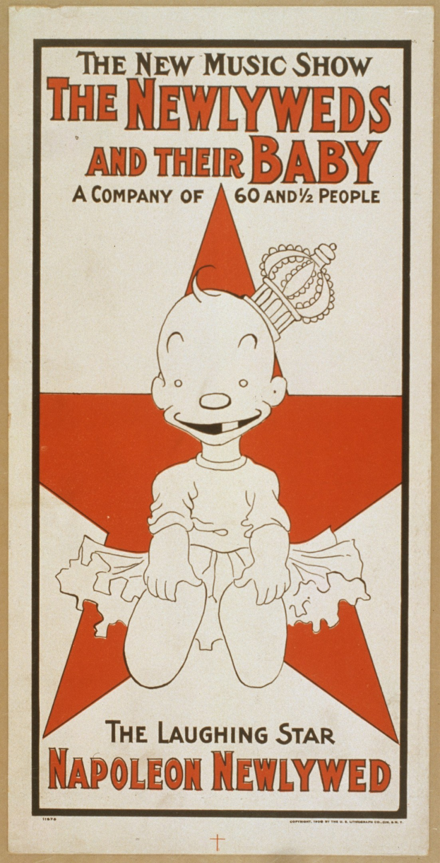 Plakat für "The New Music Show: Die Neuvermählten und ihr Baby" mit einer Cartoon-Baby in einem weißen Strampler mit einer pinken Krawatte, das gegen einen hellblauen Hintergrund mit Sternen lächelt.
