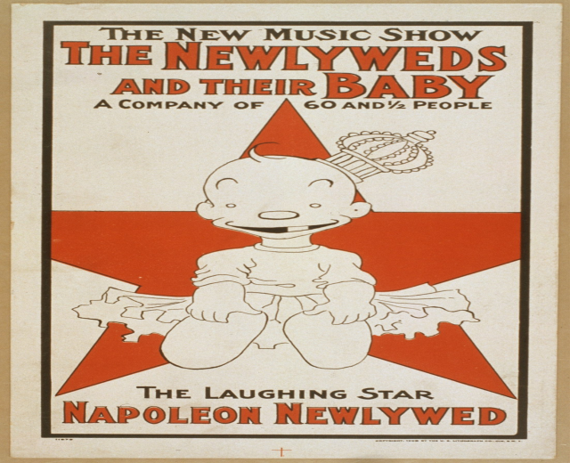 Plakat für "The New Music Show: Die Neuvermählten und ihr Baby" mit einer Cartoon-Baby in einem weißen Strampler mit einer pinken Krawatte, das gegen einen hellblauen Hintergrund mit Sternen lächelt.