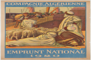 Ein Vintage-Plakat aus dem Jahr 1920 für die Emprunt National, das eine Gruppe von Menschen und Tieren zeigt, mit Text, der Details des Ereignisses angibt.