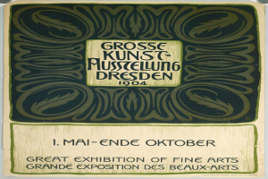 Ein Plakat für die Große Ausstellung der Schönen Künste auf der Grand Exposition des Beaux-Arts in Dresden, Deutschland im Jahr 1904, das eine markante Schrift zur Ankündigung des Ereignisses zeigt.
