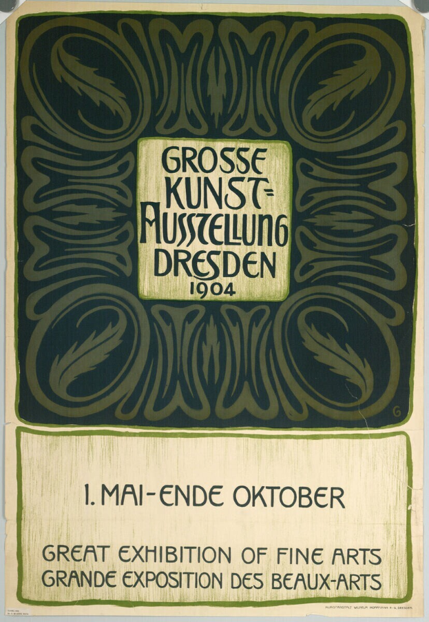 Ein Plakat für die Große Ausstellung der Schönen Künste auf der Grand Exposition des Beaux-Arts in Dresden, Deutschland im Jahr 1904, das eine markante Schrift zur Ankündigung des Ereignisses zeigt.