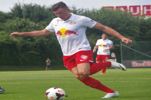 Ein Mann in einem Fussballtrikot kickt einen Ball auf einem grasbewachsenen Feld mit B├Ąumen und einem klaren blauen Himmel im Hintergrund, mit einem Schild mit der Aufschrift "RB Leipzig" im Bild.