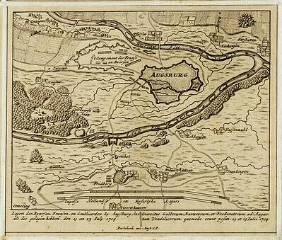 Ein detaillierter alter Stadtplan von Augsburg, Deutschland, der Straßen, Gebäude und andere Stadtmerkmale zeigt, mit Text oben und unten auf dem Papier.
