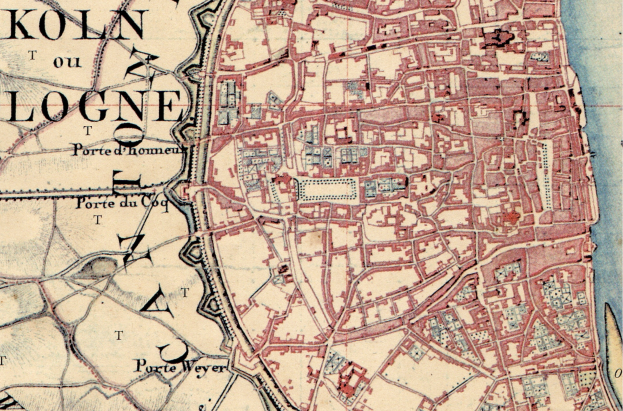 Ein detaillierter alter Stadtplan von Köln, Deutschland, mit Text, der einen umfassenden Überblick über das Gebiet bietet.