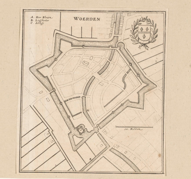 Ein detaillierter alter Stadtplan der Stadt Werden, der Straßen, Gebäude und Sehenswürdigkeiten zeigt, mit begleitendem Text und einem Logo auf Papier.