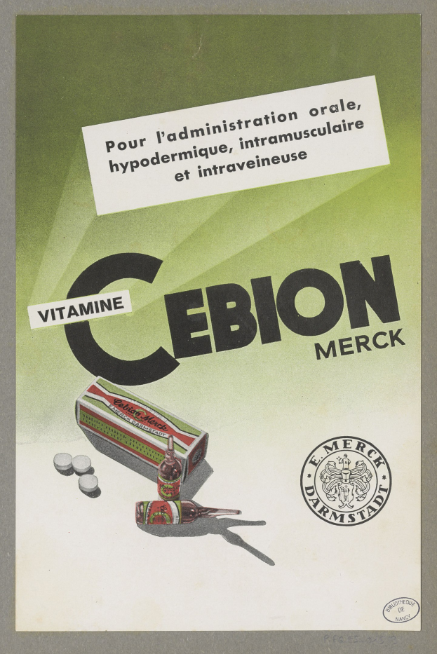 Plakat mit einer Flasche Cebion Merck Vitamin C und einer Packung Tabletten, mit Text, der das Produkt beschreibt.