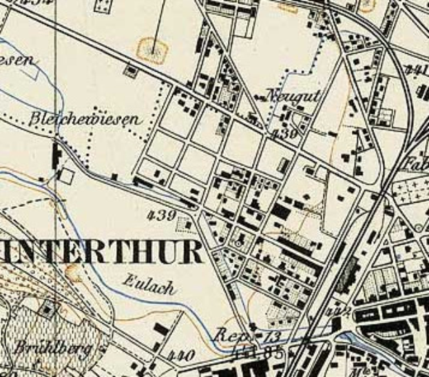 Eine alte Karte von Interthur, Deutschland, mit schwarzen und cremefarbenen Linien und Text, der die Straßen, Gebäude und andere Merkmale der Stadt zeigt.