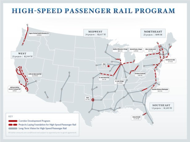 Ein Plakat mit einer detaillierten Karte des U.S.-Hochgeschwindigkeits-Passagierbahnprogramms, einschließlich Routen und wichtiger Standorte, mit begleitendem Text, der dessen Zweck und Funktion erklärt.