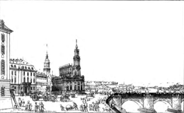 Eine Schwarzweiß-Zeichnung einer belebten Straßenansicht in Dresden, Deutschland, mit einer Brücke, Gebäuden, Menschen und Karren, sowie dem Text "Grote Markt in Dresden, Deutschland" unten.