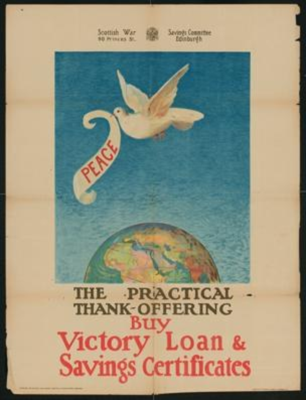 Plakat mit einem Vogel auf einer Weltkugel und Text, der den Kauf von Victory Loan & Savings Certificates für den Frieden anpreist.
