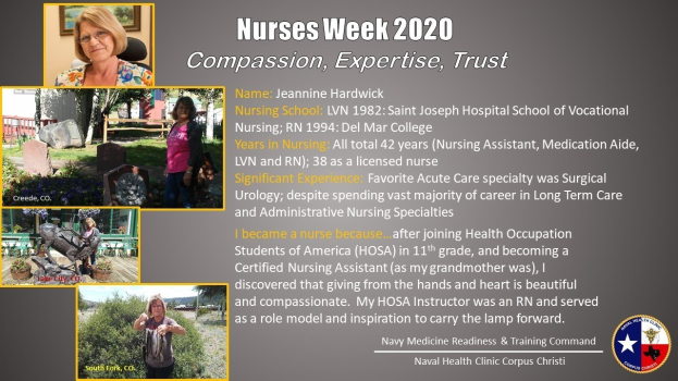 Plakat zur Nurses Week 2020 mit dem Motto "Mitgefühl, Expertise, Vertrauen", das mehrere Schwesternbilder in verschiedenen Ausdrücken, fetten Text und ein beruhigendes Blau- und Weiß-Schema zeigt.