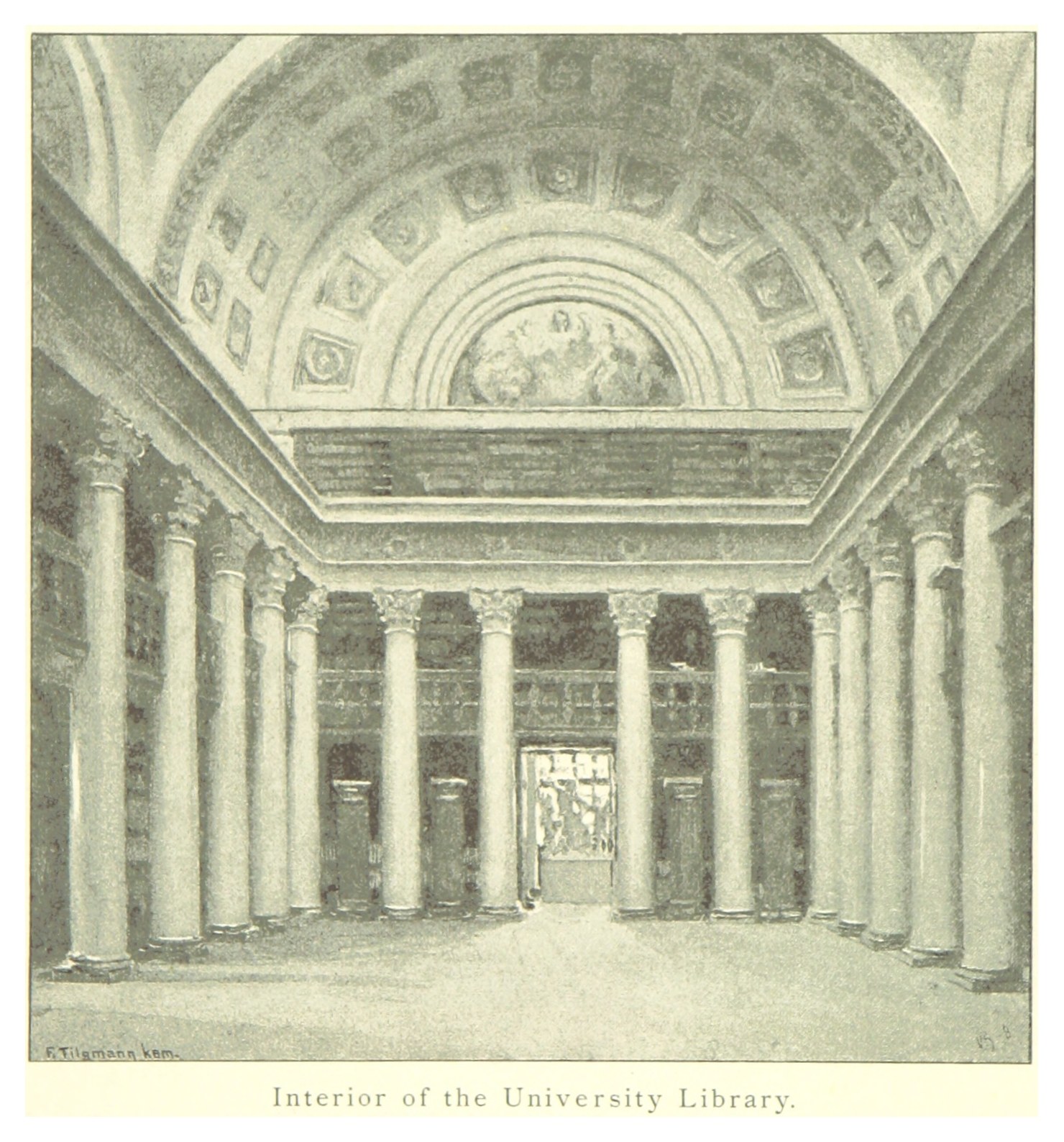 Innenraum einer prächtigen Universitätsbibliothek mit hohen Säulen und kunstvollen Deckenentwürfen sowie dekorativem Text unten.