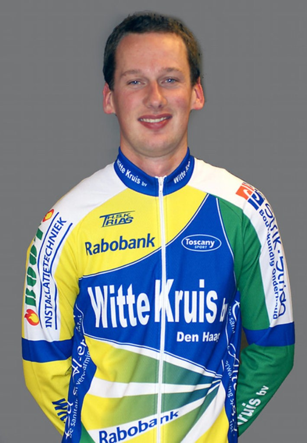 Ein männlicher Athlet, der für ein Foto posiert und ein Hemd mit mehreren Sponsoren-Logos trägt.