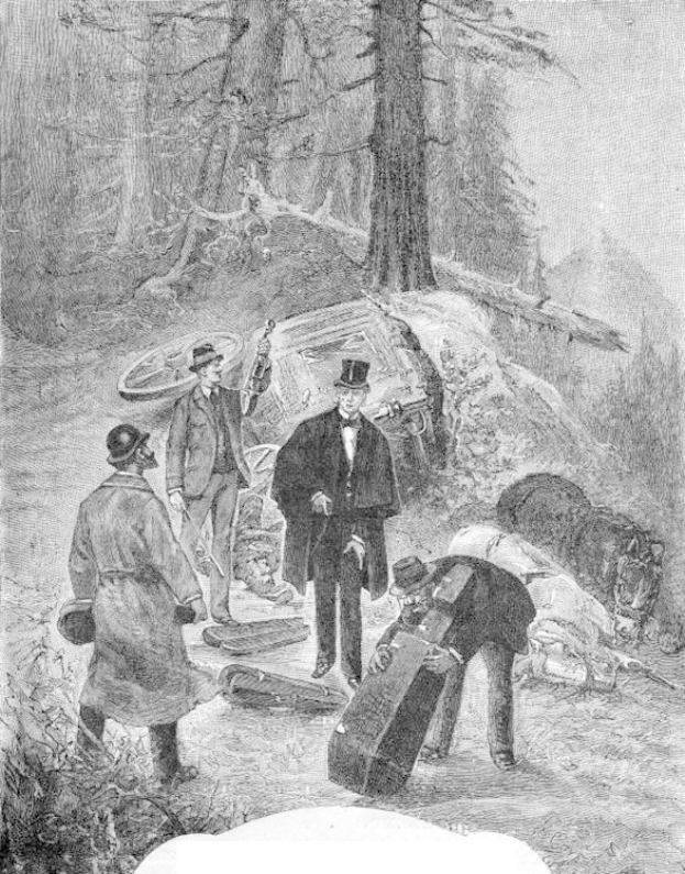 Eine Gruppe von Männern in Schwarz und Weiß, die um ein Auto in einem Waldgebiet stehen, einer hält eine Waffe, mit dem Text 'Der Tod von George Washington' unten.