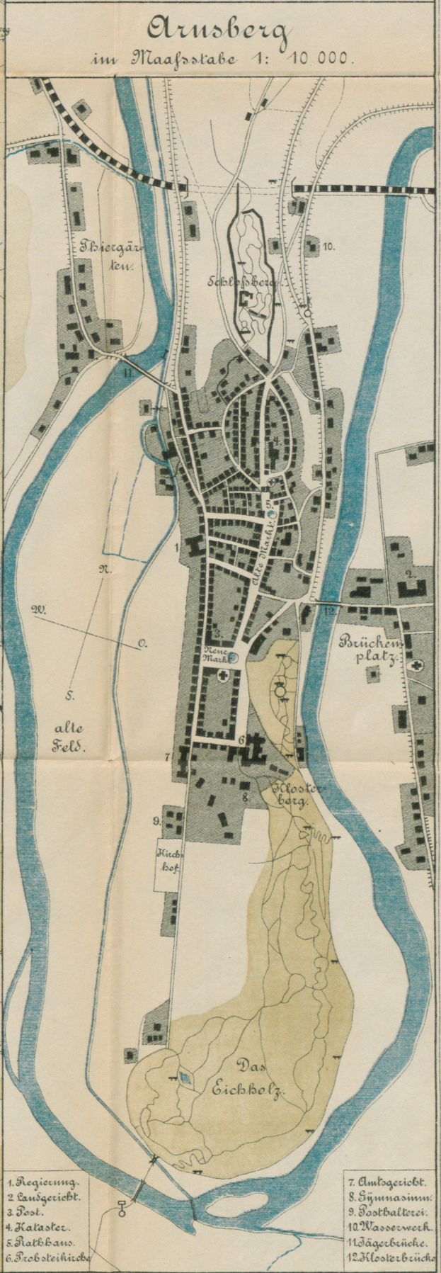 Ein detaillierter alter Stadtplan von Arnsberg, Deutschland, der Straßen, Gebäude und Sehenswürdigkeiten zeigt, mit Text oben und unten.