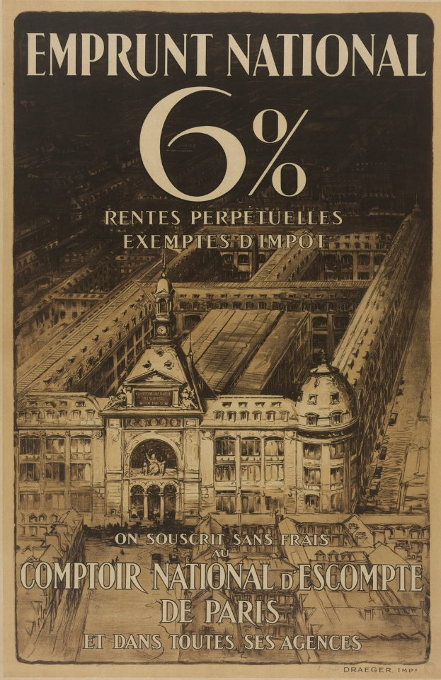 Ein Plakat mit einem zweistöckigen Gebäude mit rotem Dach und weißen Wänden sowie einem Text in fetter schwarzer Schrift, der "emprunt national 6% - rentes perpetuelles exemptes impot" auf einem hellblauen Hintergrund lautet.