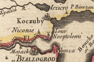 Ein detaillierter alter Stadtplan von Koczuby, der Straßen, Gebäude und Sehenswürdigkeiten mit klassischer Schriftart zeigt.