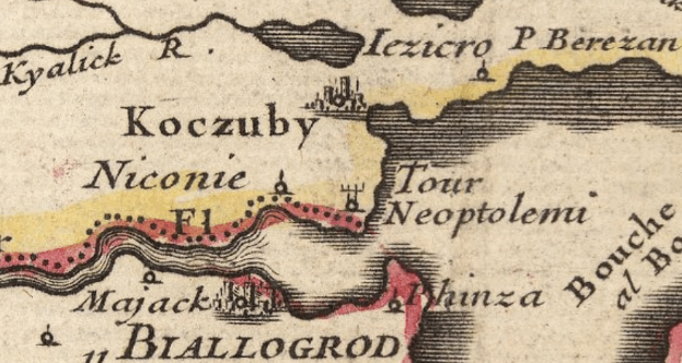 Ein detaillierter alter Stadtplan von Koczuby, der Straßen, Gebäude und Sehenswürdigkeiten mit klassischer Schriftart zeigt.