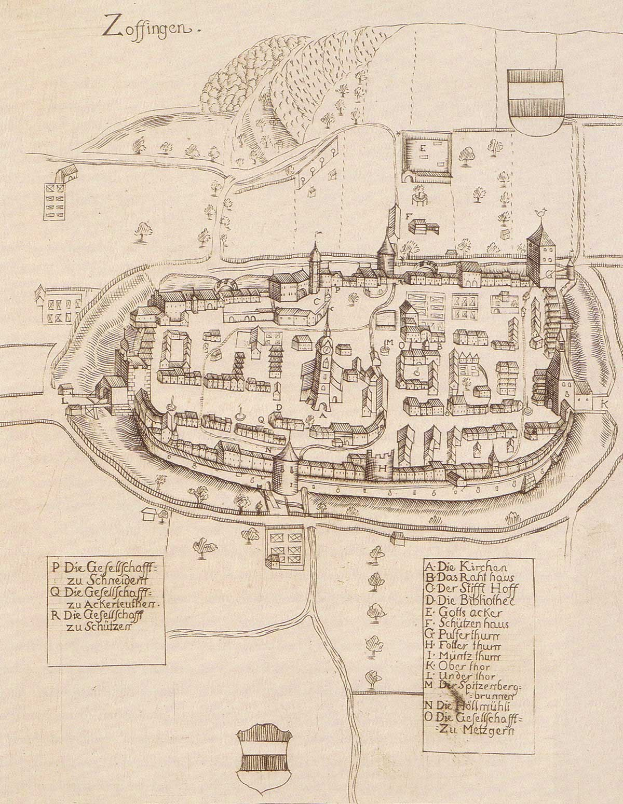 Detailiertes altes Stadtplan von Zoffingen, Deutschland, zeigt Straßen, Gebäude, Bäume und Text auf vergilbtem Papier.