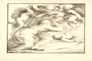 Eine Zeichnung einer Frau, die friedlich auf einem Bett liegt und von einer Gruppe bewundernder Kinder umgeben ist.