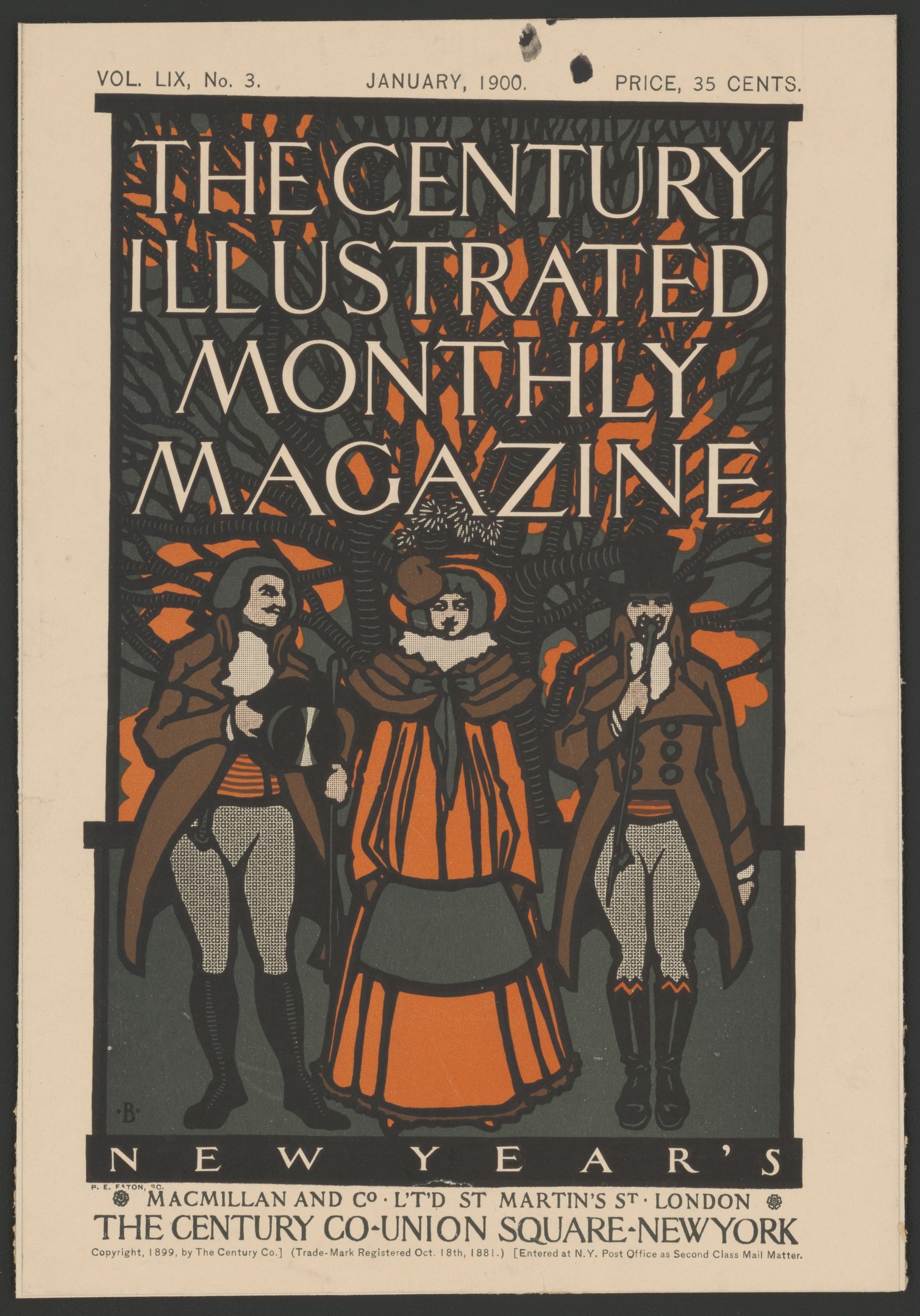 Plakat für *The Century Illustrated Monthly Magazine*, Januar 1900, mit schwarzem Hintergrund, figuren in historischer Kleidung und fettem Text in einem dekorativen Rahmen.