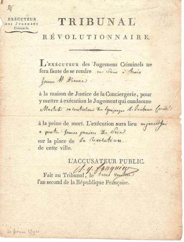 Ein vergilbtes, altes Dokument mit der Überschrift "Tribunal Révolutionnaire", das die Hinrichtung von Jugemens Criminels in Frankreich beschreibt, geschrieben in einer Kursivschrift.
