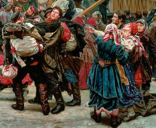 Gemälde, das eine lebhafte Szene von Menschen zeigt, die in traditioneller russischer Kleidung während der russischen Revolution tanzen, wobei einige Gegenstände halten, vor einer Menge und einem Holzhaus.